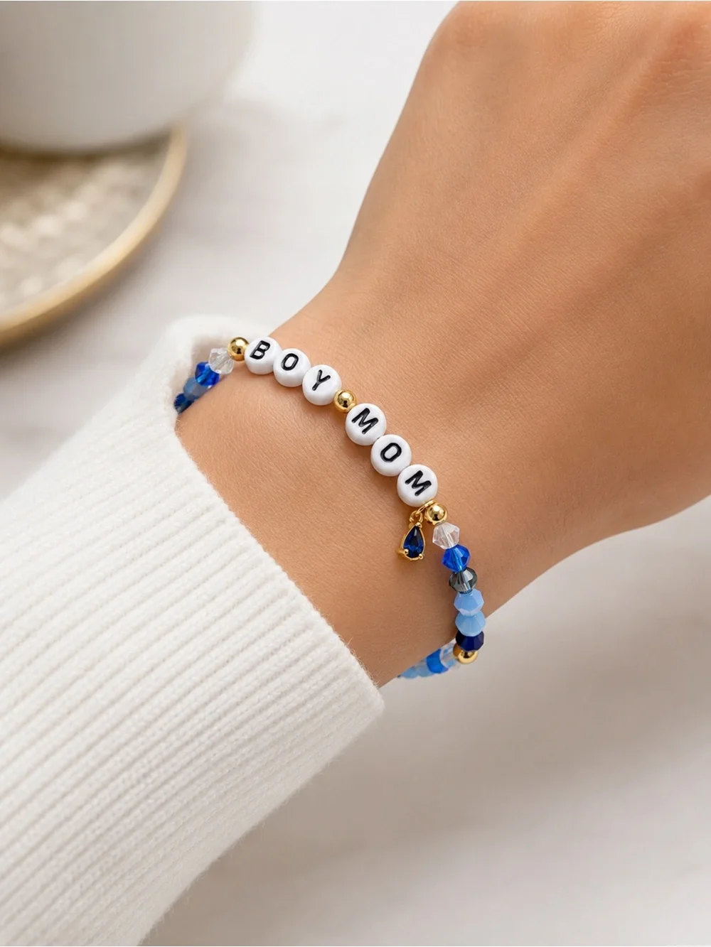 BOY MOM Beaded Stretch Bracelet in Blue and Gold